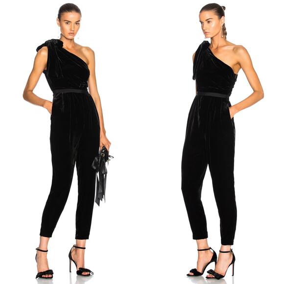 ULLA JOHNSON Tess Jumpsuit in Noir Size 2 Black Velvet One Shoulder Bow Detail - Picture 3 of 16